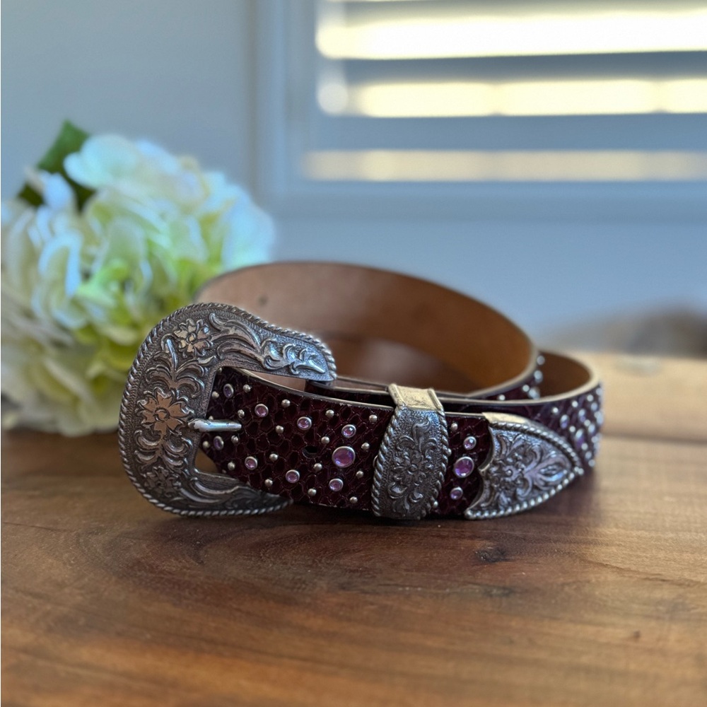 Ariat Burgundy Leather Belt 34/85 Purple Crystals Stud Floral Silver Tone Buckle